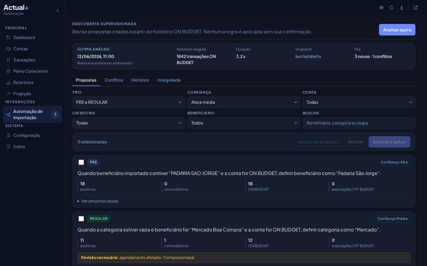 Página Automação de importação do Actual+ com as regras propostas para revisão
