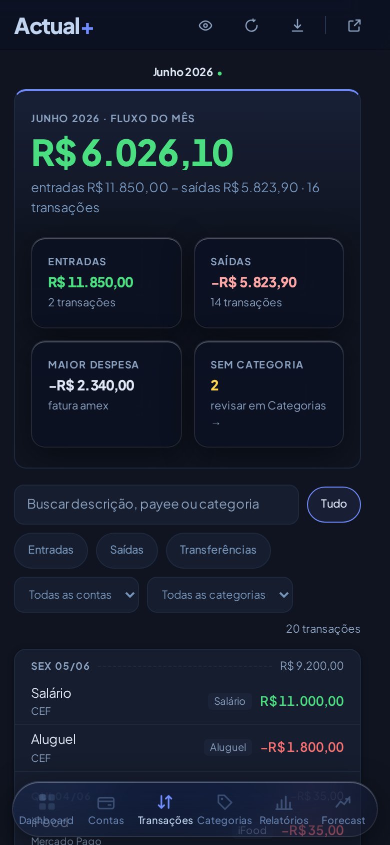 Transações do Actual+ no iPhone